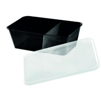 Black rectangular PP plastic 2-compartments box with transparent lid