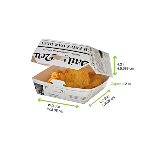 White cardboard burger box with newsprint design