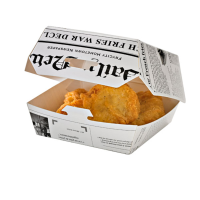 White cardboard burger box with newsprint design