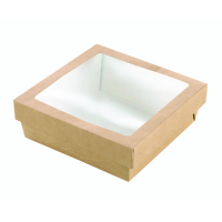 Boîte "Kray" carrée carton brun avec couvercle à fenêtre en PLA 700ml   H50mm