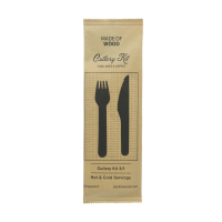 Wooden cutlery kit 3/1: fork knife napkin, kraft wrap
