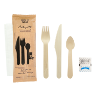Wooden cutlery kit 6/1: fork knife teaspoon napkin salt pepper, kraft wrap