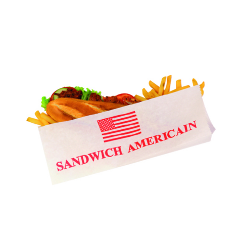 White paper with "American Sandwich" design bag open on 2 sides