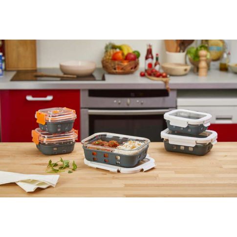 Rectangular Food container with glass lid + silicon sleeve 145x105mm H47mm 370ml