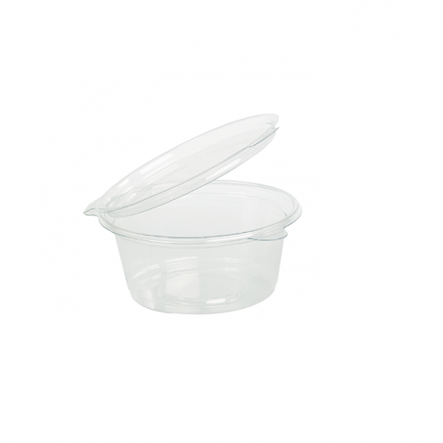 Clear round PET plastic portion cup with hinged lid  H18mm 30ml