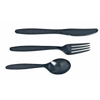 "Majesty" black PS plastic cutlery kit 4/1: knife fork spoon napkin, transparent wrap 192x45mm
