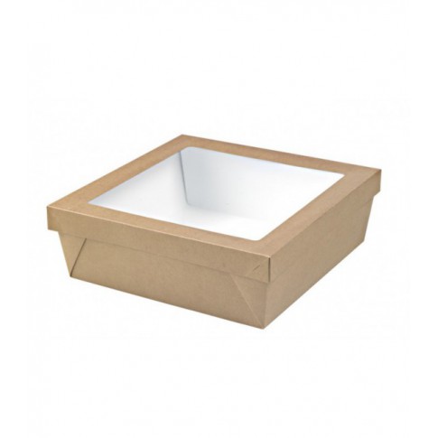 Boîte "Kray" carrée carton brun avec couvercle à fenêtre 265x265mm H50mm 3000ml