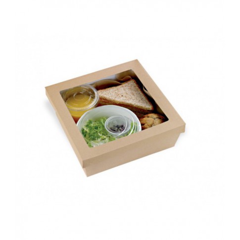 Brown square "Kray" cardboard box with window lid  265x265mm H50mm 3000ml