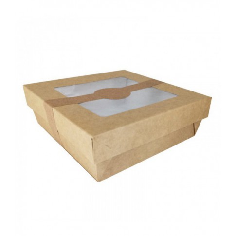 Brown square "Kray" cardboard box with window lid  155x155mm H50mm 900ml