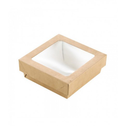 Brown square "Kray" cardboard box with window lid  115x115mm H40mm 350ml