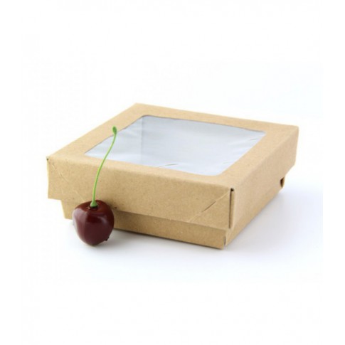 Brown square "Kray" cardboard box with window lid  115x115mm H40mm 350ml