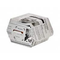White cardboard burger box with newsprint design  75x75mm H50mm