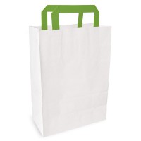 White recycled paper carrier bag with green handles  260x170mm H280mm