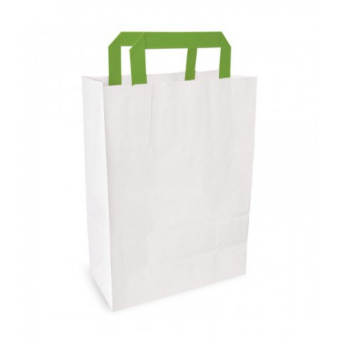 White recycled paper carrier bag with green handles  260x170mm H280mm