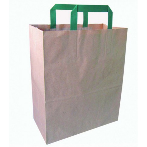 Kraft/brown recycled paper carrier bag with green handles 260x170mm H280mm