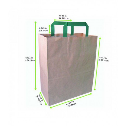 Kraft/brown recycled paper carrier bag with green handles 260x170mm H280mm