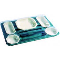 Green plastic 7-compartments lunch platter kit with clear lid and 5 "octogon" plates 440x325mm H50mm