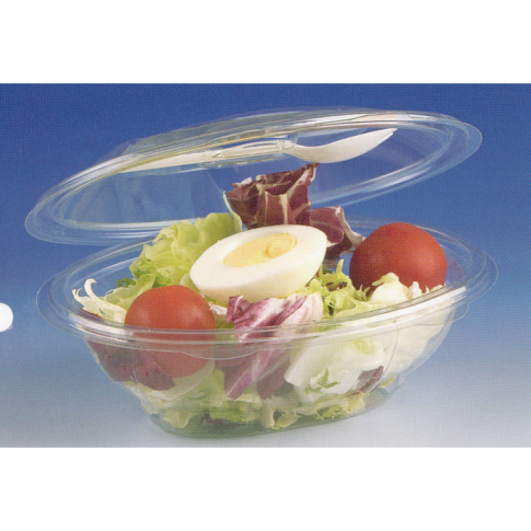 Round clear PET plastic salad bowl with hinged lid and spork 185x140mm H70mm 500ml