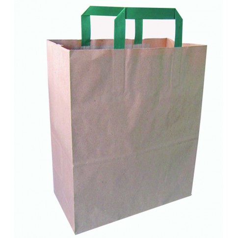 Sac cabas papier kraft brun recyclé avec anses vertes  320x170mm H340mm