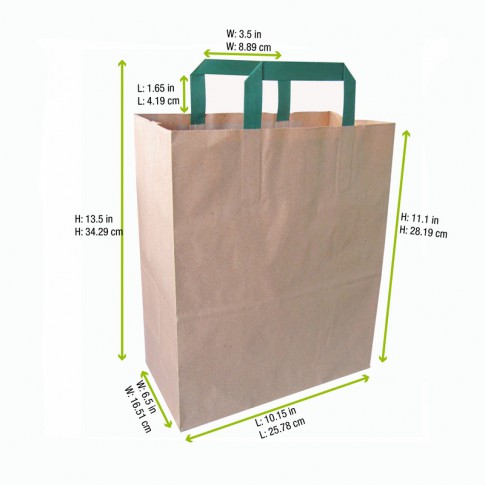 Sac cabas papier kraft brun recyclé avec anses vertes  320x170mm H340mm