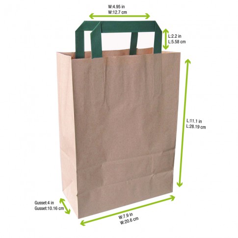 Kraft brown recycled paper carrier bag with green handles 200x100mm H280mm