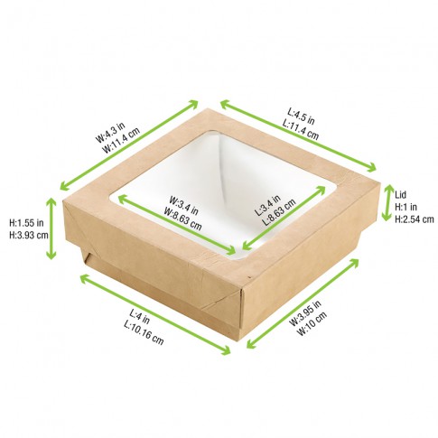 Brown square "Kray" cardboard box with window lid  115x115mm H40mm 350ml