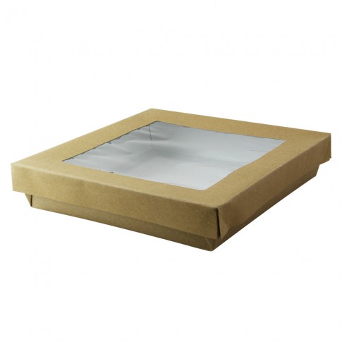 Boîte "Kray" carrée carton brun avec couvercle à fenêtre 205x205mm H40mm 1000ml