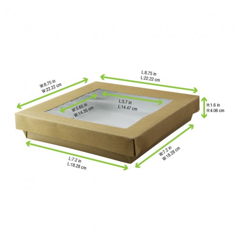 Boîte "Kray" carrée carton brun avec couvercle à fenêtre 205x205mm H40mm 1000ml